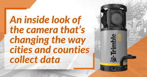 contains text "An inside look of the camera that’s changing the way cities and counties collect data". A photo of the Trimble Mx7 camera is shown to the right